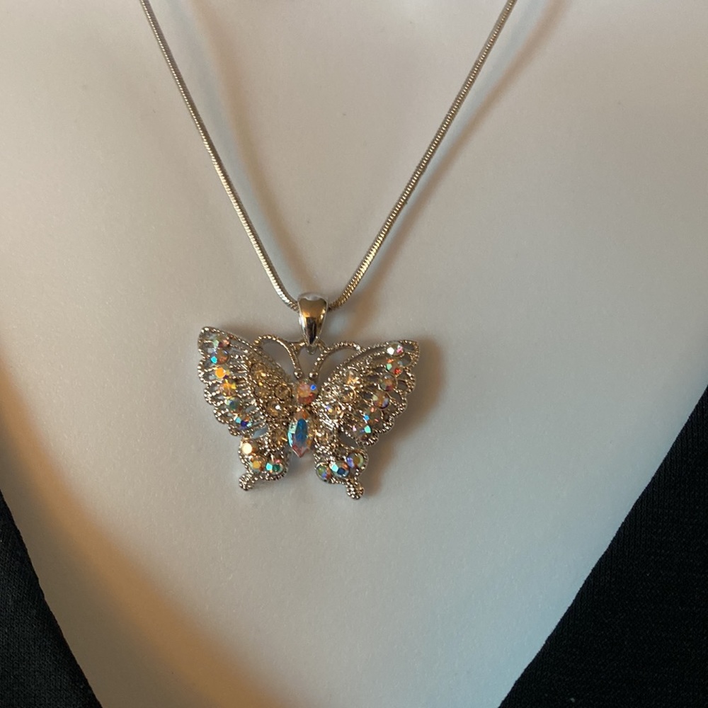 Butterfly with Crystals on 17” Silver-Toned Necklace, Never Worn